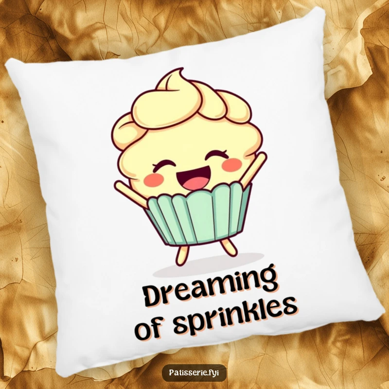 Funny cupcake pillow featuring a smiling cupcake with frosting hair joyfully leaping.