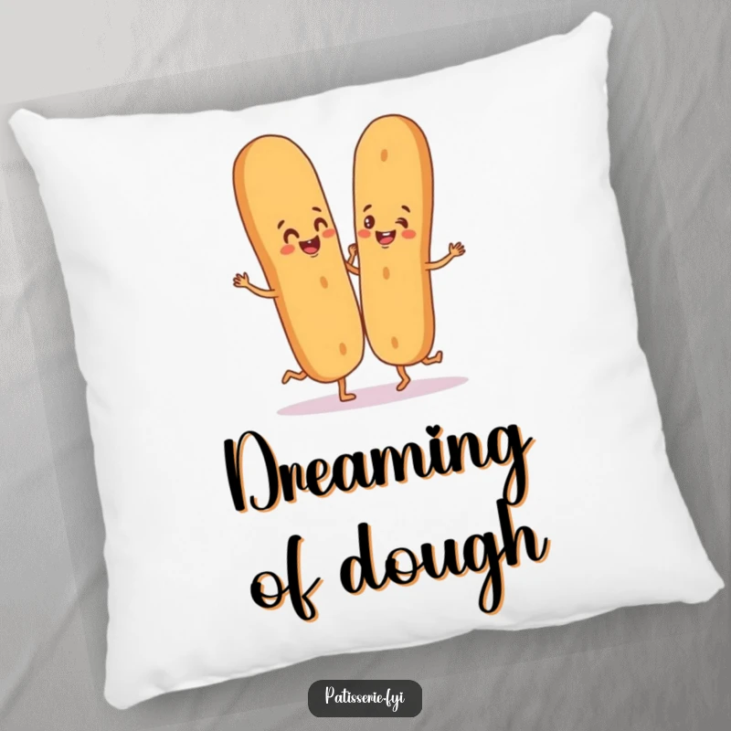 Funny pillow featuring a happy baguette character dancing with a breadstick partner, offering cozy comfort.