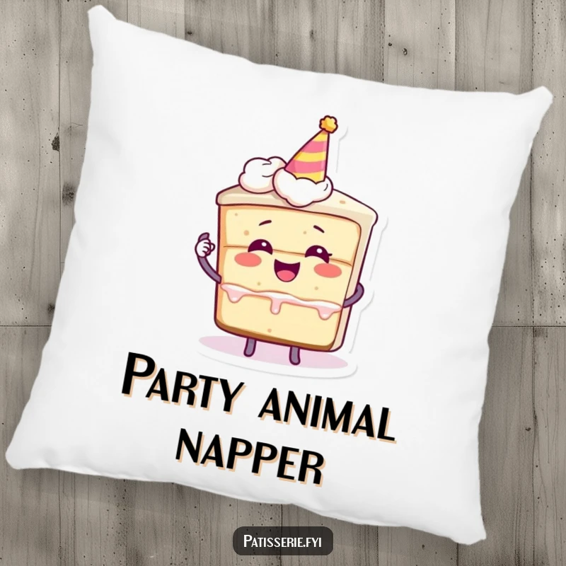 Funny pillow with a slice of cake character giggling, holding a miniature party hat, adding comfort and a splash of festive joy.
