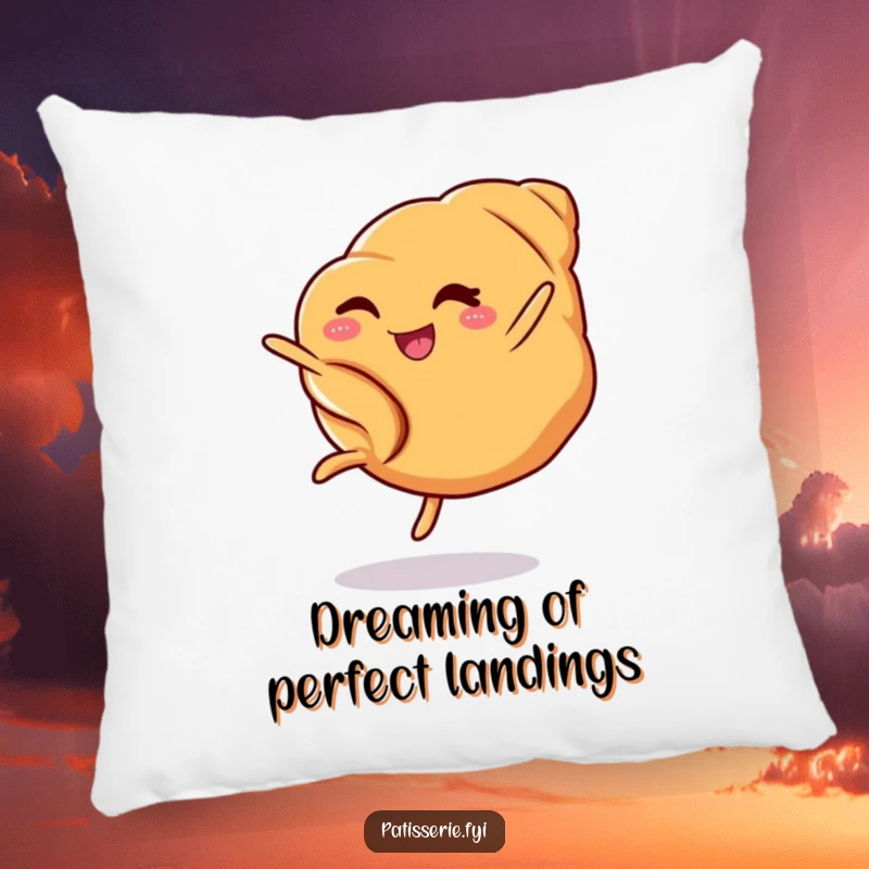Funny croissant pillow displaying a winking pastry performing a cartwheel, offering comfort and a dose of baked-good hilarity.