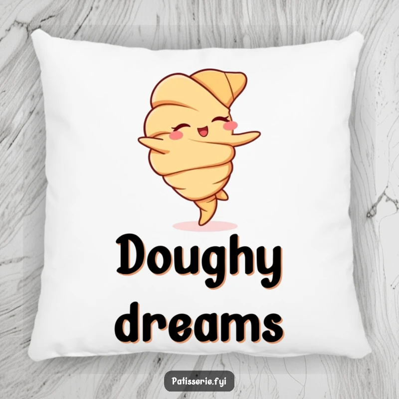 Funny decorative pillow featuring a winking croissant in a dynamic cartwheel pose, perfect for adding comfort and humor.