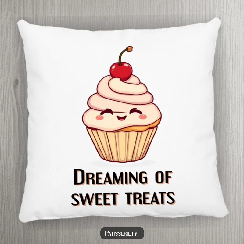 Funny pillow featuring a cheerful cupcake character winking while holding a cherry aloft, adding a touch of dessert charm.
