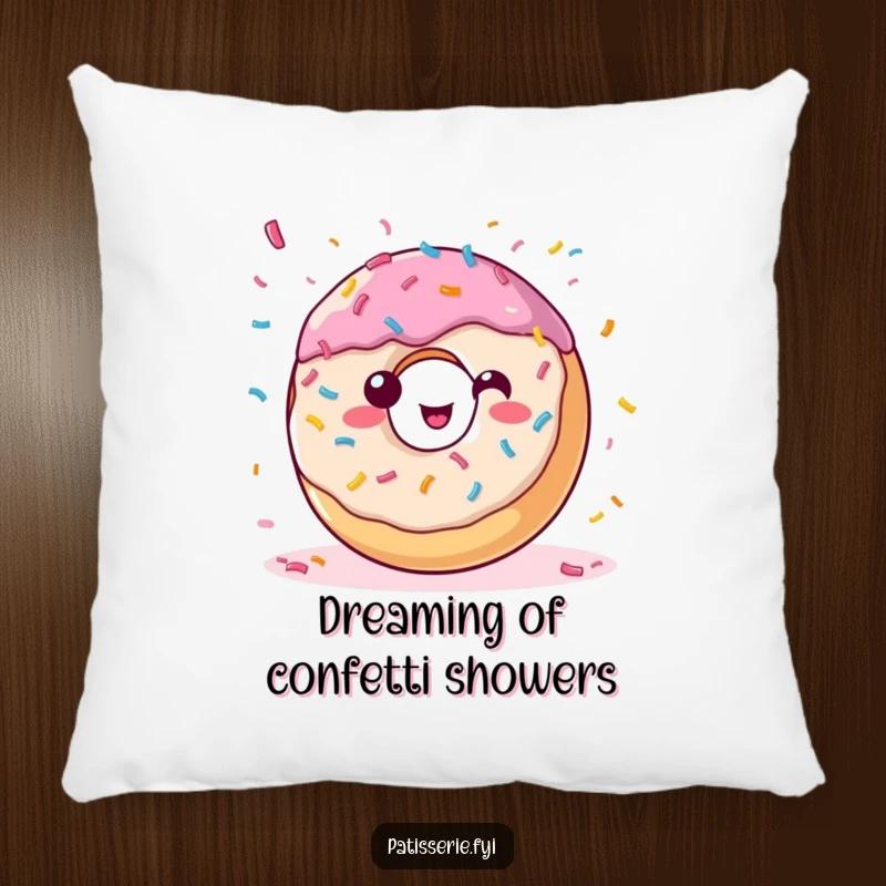 Funny donut pillow displaying a happy, sprinkle-covered pastry tossing confetti, offering comfort and a festive feel.