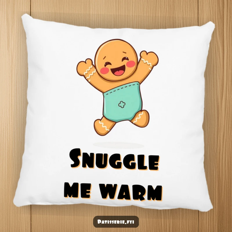 Funny pillow featuring a grinning gingerbread man jumping joyfully from an oven mitt, offering cozy comfort.