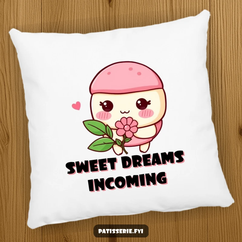 Funny macaron character with rosy cheeks blushing and holding a flower, featured on a soft pillow for sweet home decor.