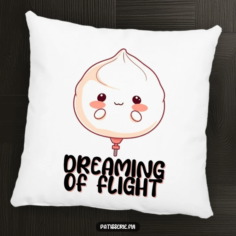 Funny meringue character puffing cheeks like a balloon, about to float away, designed on a soft, decorative pillow.