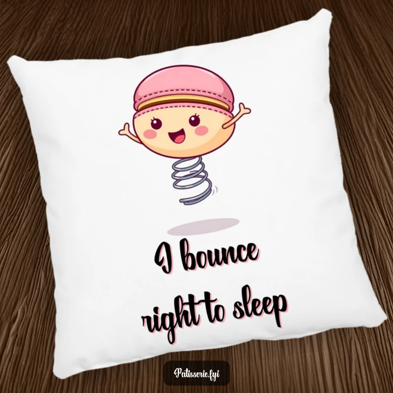 Funny macaron pillow displaying a joyful cookie bouncing on a spring, providing comfort and a cheerful aesthetic.