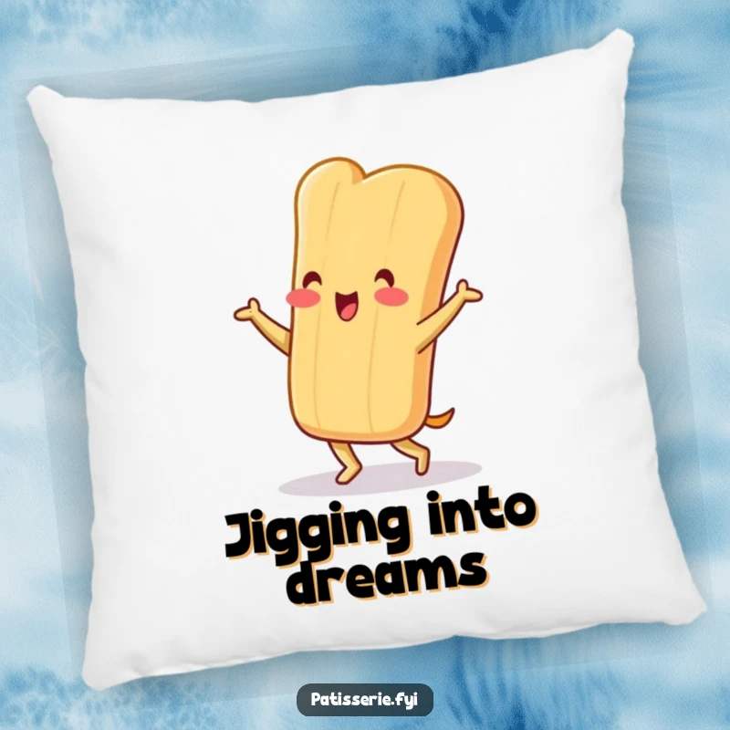 Funny baguette pillow featuring a cheerful character doing a silly little jig, perfect for cozying up with a touch of fun.