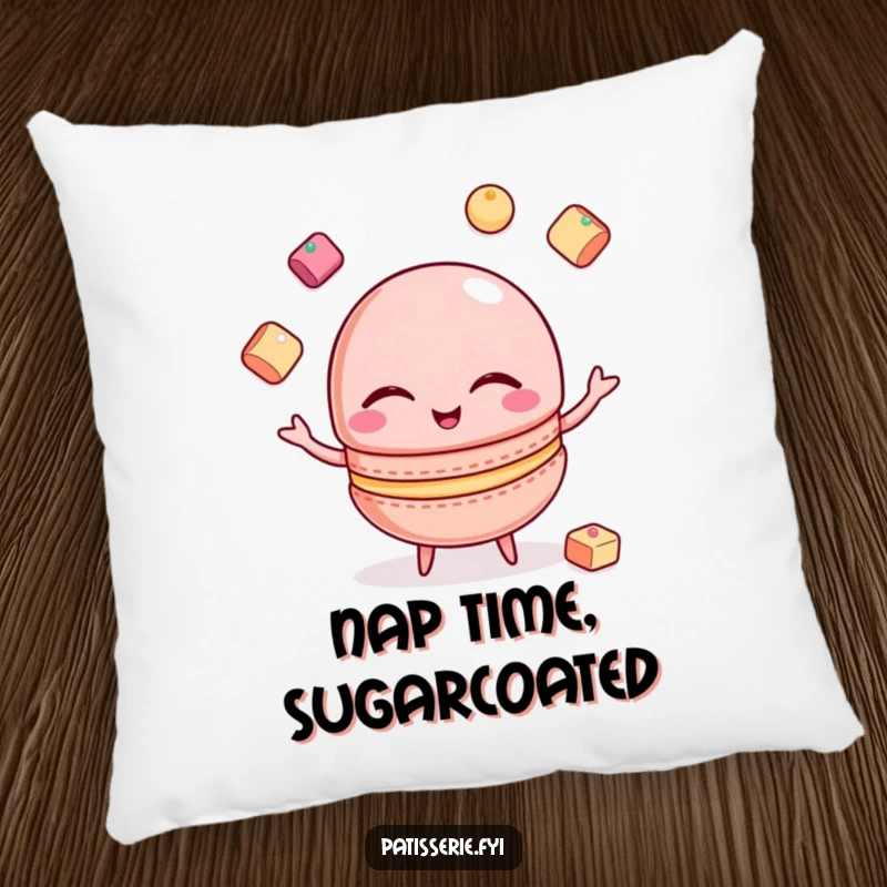 Funny Macaron Pillow: A winking macaron juggles sugar cubes, bringing comfort and funny charm.