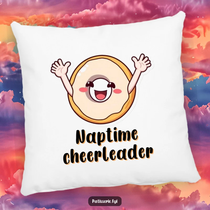 Funny pillow with a smiling donut character with arms outstretched, cheering enthusiastically, adding comfort and a splash of sweet joy.
