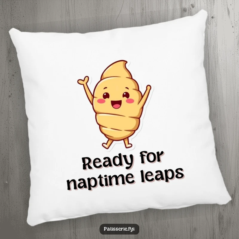 Funny pillow featuring a smiling croissant character joyfully jumping with one arm raised, adding a touch of baked goods charm.