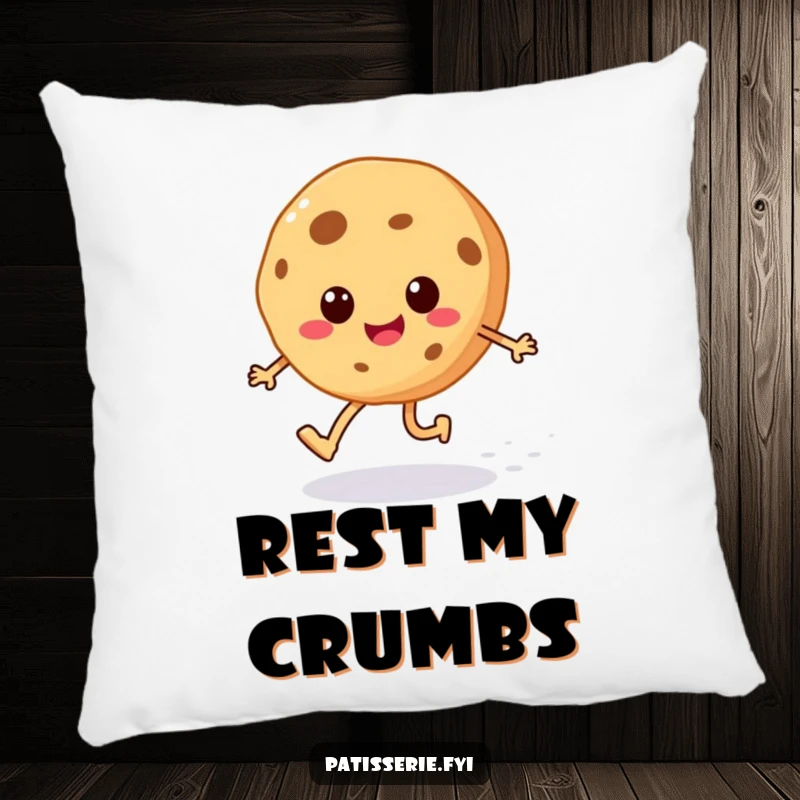 Funny cheerful cookie pillow with a happy skipping character leaving a sugar sprinkle trail, a soft and sweet item.