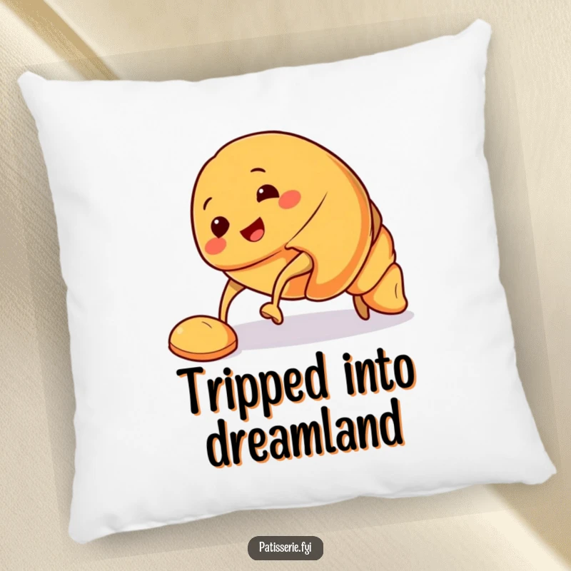 Funny Croissant Pillow with a smiling croissant character tripping over its pastry feet, adding comfort and a dash of baked humor.