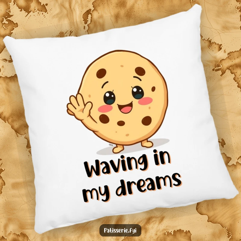 Funny Pillow: A smiling cookie character waving with both hands, offering soft comfort and a dose of friendly, sweet cheer.