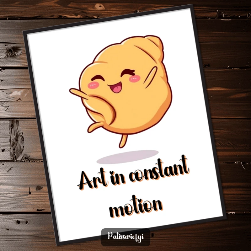 Funny croissant digital art print showing a winking pastry doing a cartwheel, delivering instant humor and charm.
