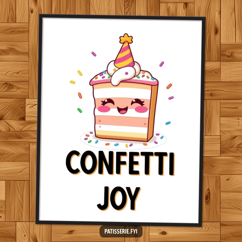 Funny digital art print of a smiling slice of cake in a party hat juggling colorful sprinkles, perfect for festive decor.