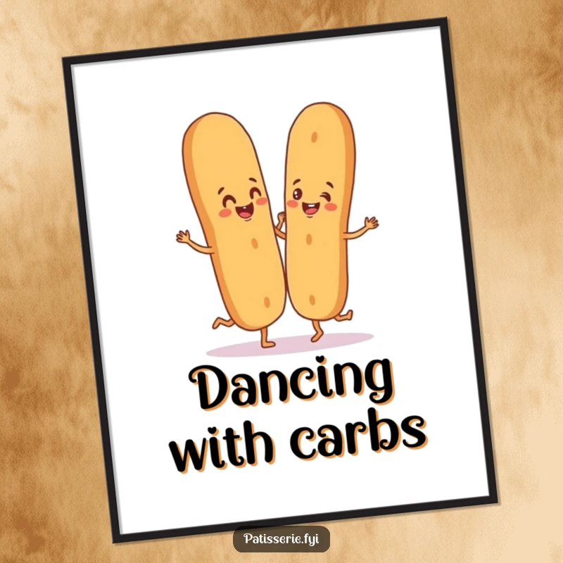 Funny digital art print of a happy baguette character dancing sillily with a breadstick partner.