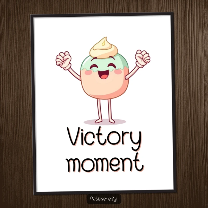 Funny digital art print of a joyous cake pop with legs, triumphantly pumping its fist in the air, radiating pure delight.