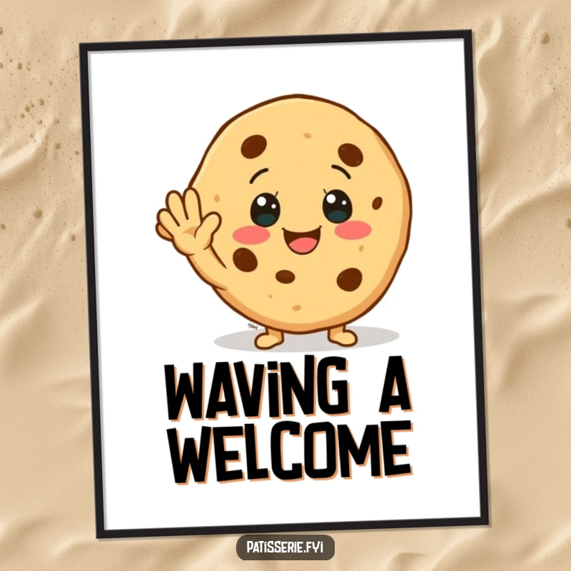 Funny Digital Art Print: A smiling cookie character enthusiastically waving, radiating happiness and friendly greetings for your display.