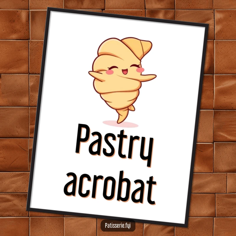 Funny, high-resolution digital art print of a winking croissant performing a cartwheel with charming flair.