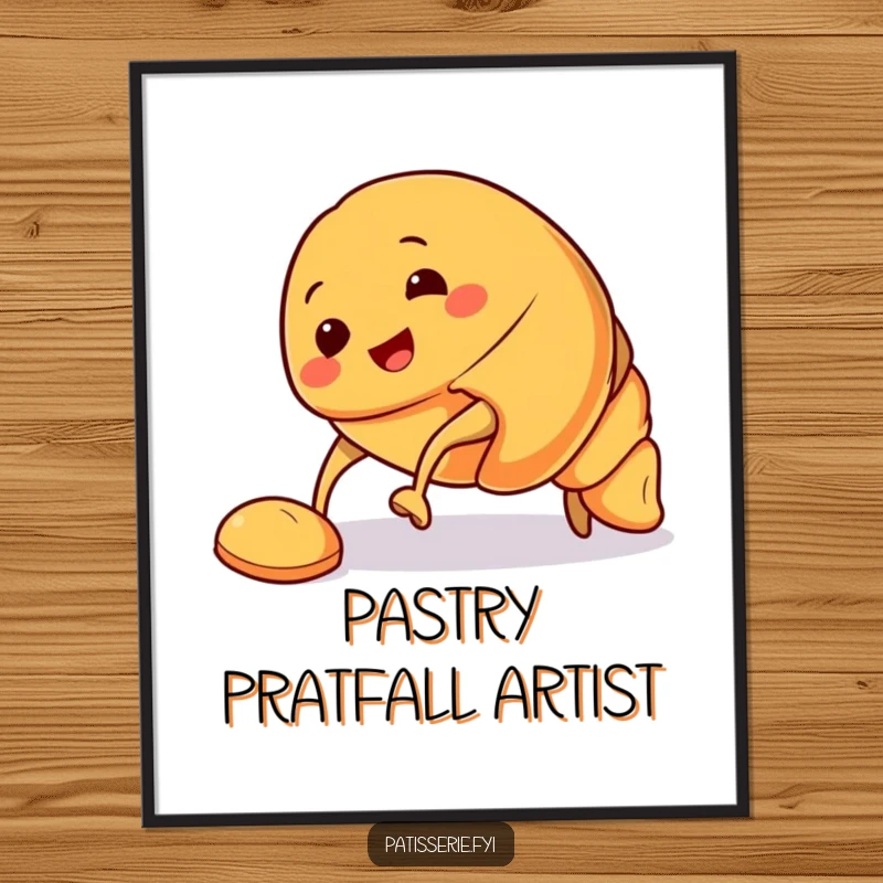 Funny Croissant Digital Art Print of a smiling croissant character tripping, perfect for creating an instant whimsical and humorous atmosphere at home.