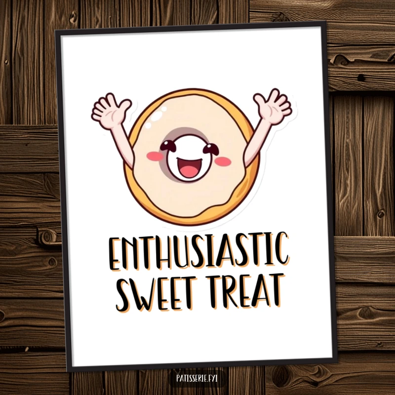 Funny digital art print of a smiling donut character with arms outstretched, cheering enthusiastically, capturing vibrant energy and sweet delight.