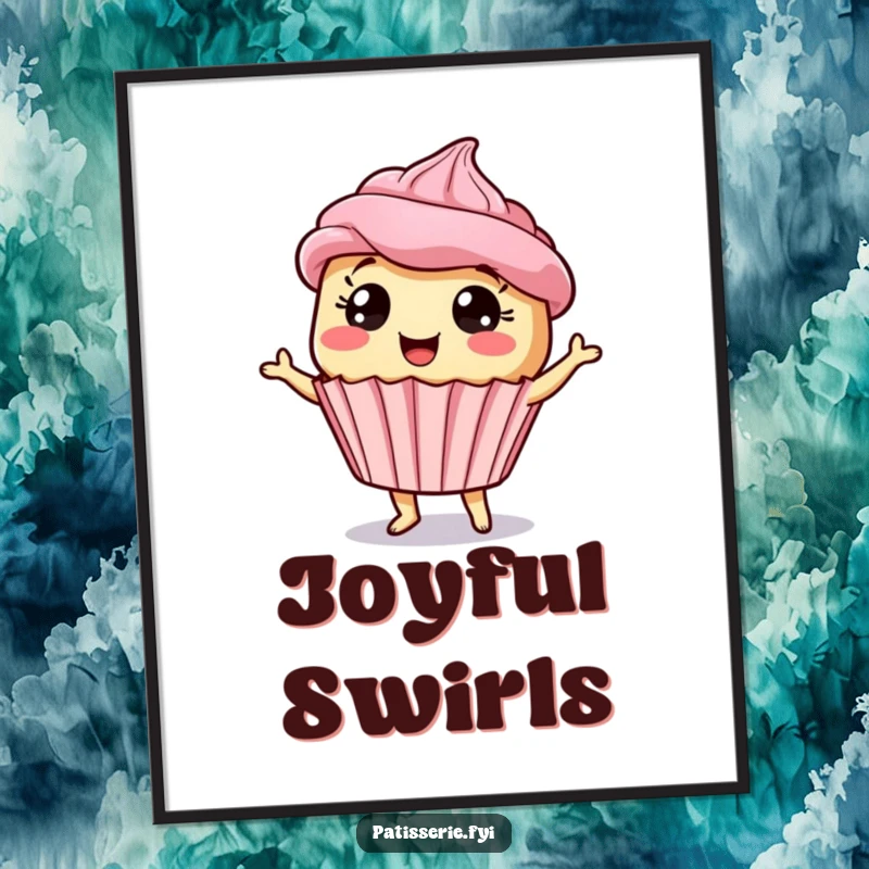 Funny giddy cupcake digital art print of a dancing dessert character with wide eyes, bringing instant cheer.