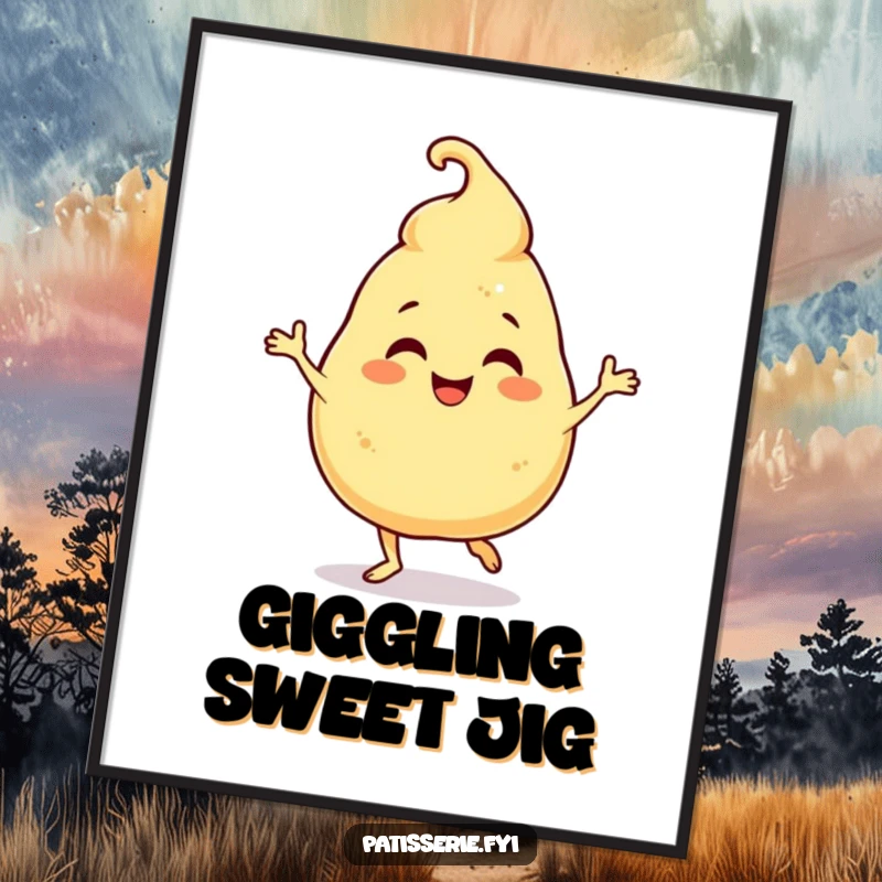 Funny Digital Art Print: A giggling profiterole character humorously doing a joyful jig, creating sweet, funny art.