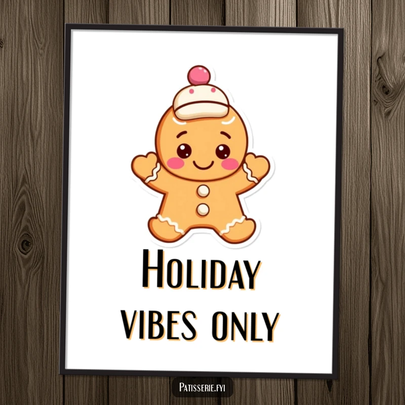 Funny gingerbread cookie digital art print of a smiling character waving hello, wearing a jaunty cap, for cheerful wall decor.
