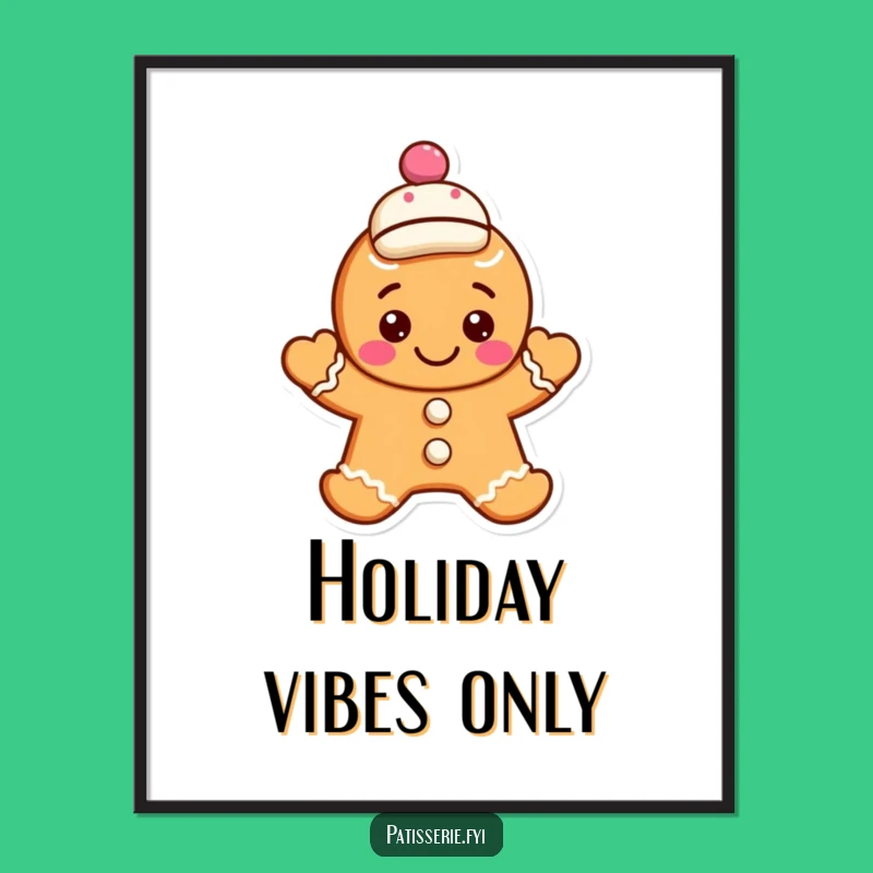 Funny Gingerbread Cookie Print: Waving Character, Jaunty Cap - Instant Decor Gift