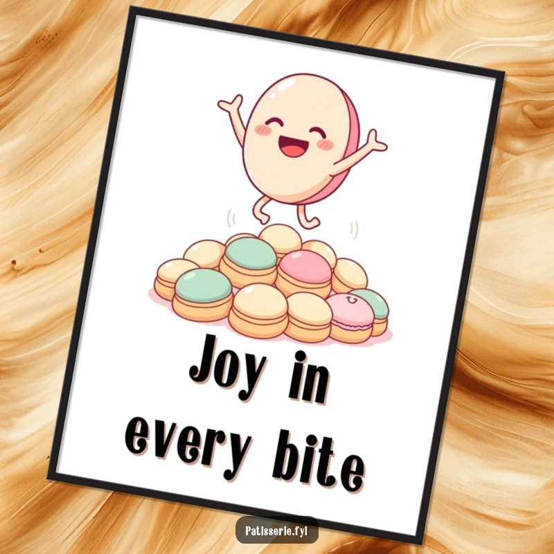 Funny macaron digital art print of a smiling macaron character leaping with pure joy over a pile of cream puffs.