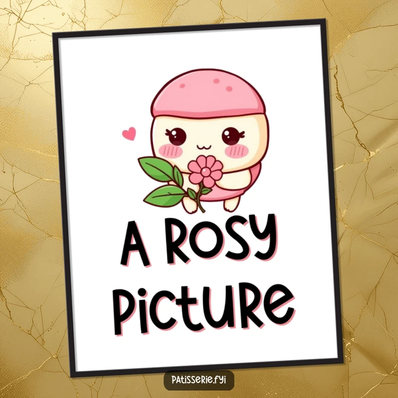 Funny macaron character with rosy cheeks blushing and holding a flower, available as an instant digital art print for decor.