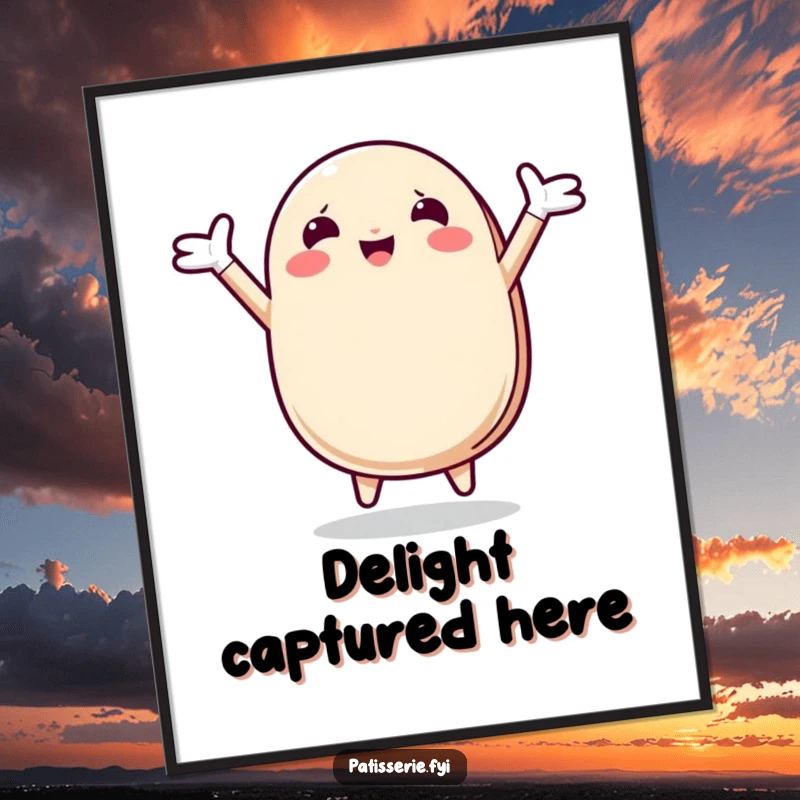 Funny Macaron Digital Art Print of a happy macaron character leaping with arms wide open, embodying pure, downloadable joy and delight.