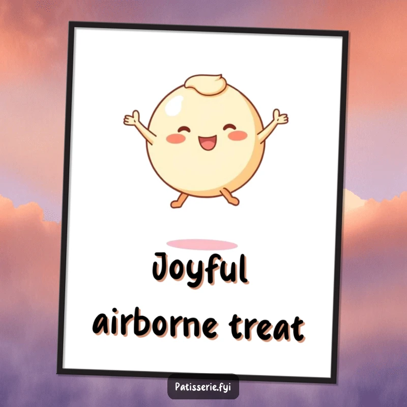 Funny digital art print of a round pastry character with tiny legs joyfully leaping mid-air, capturing dynamic movement and pure delight.