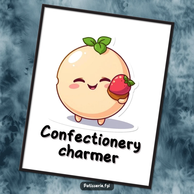 Funny macaron bird digital art print, winking macaron character, offering tart, humorous wall decor, cute dessert illustration.