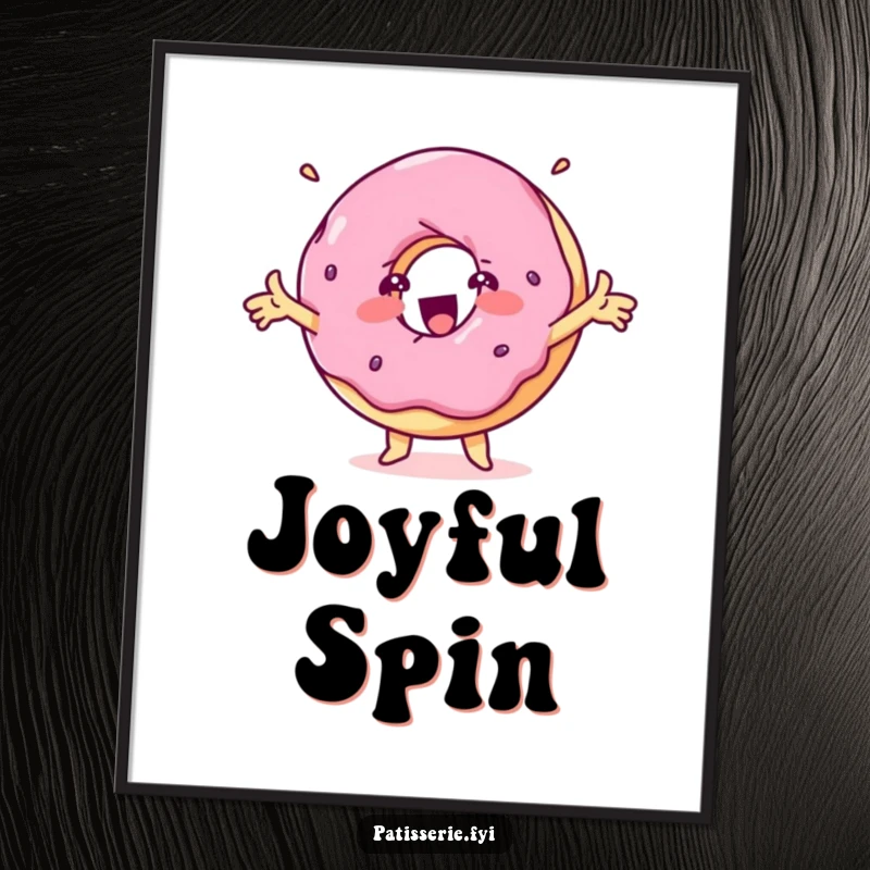 Funny delighted donut digital art print of a spinning treat character with outstretched arms, instant joy.