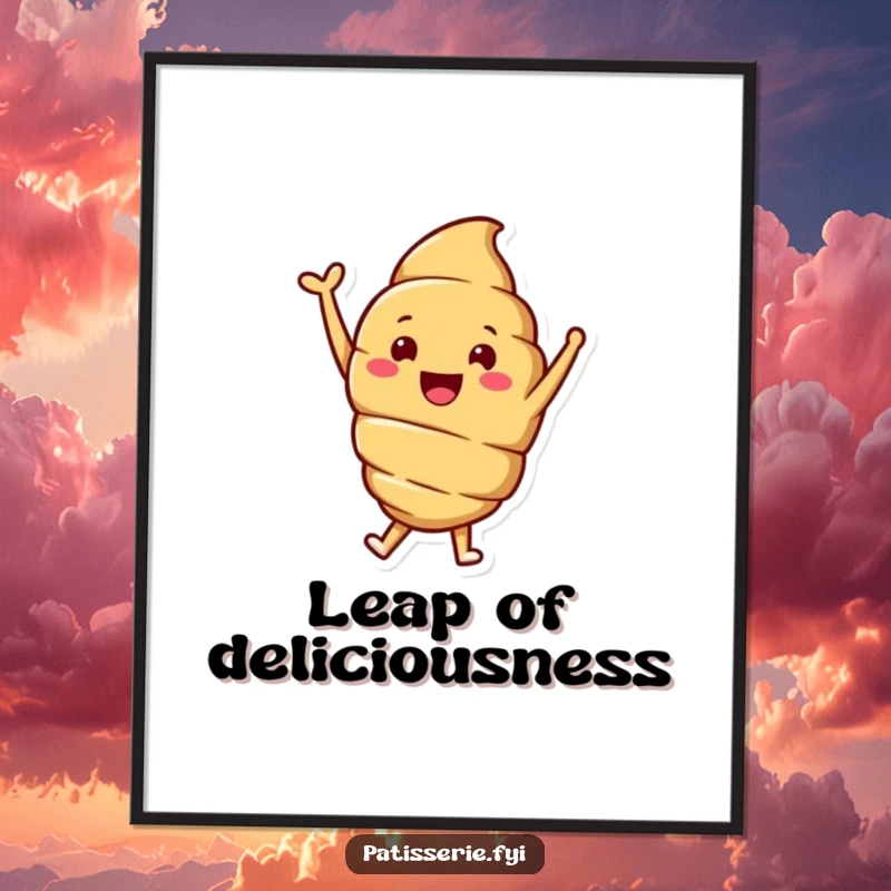 Funny digital art print of a smiling croissant character joyfully jumping with one arm raised, offering instant cheerful vibes.