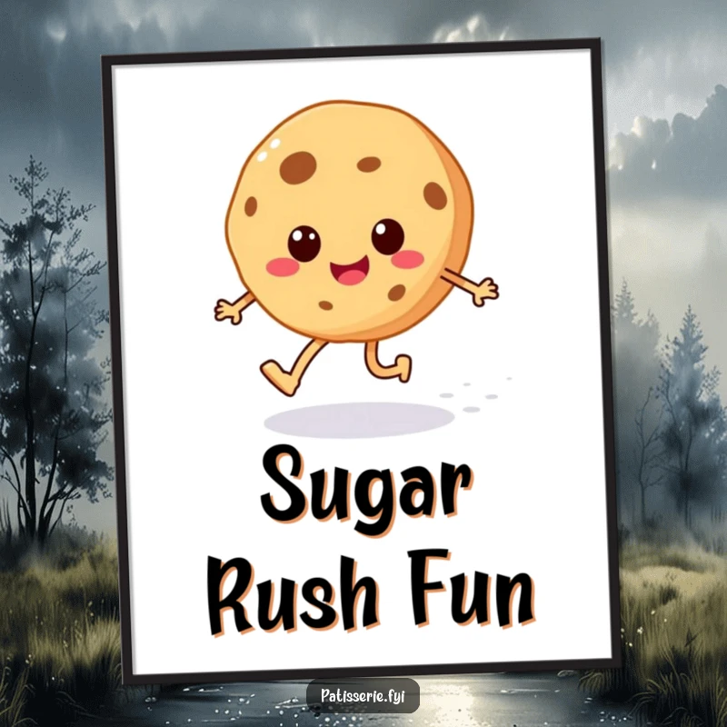 Funny cheerful cookie digital art print of a happy skipping character with legs and a sugar sprinkle trail, instant joy.