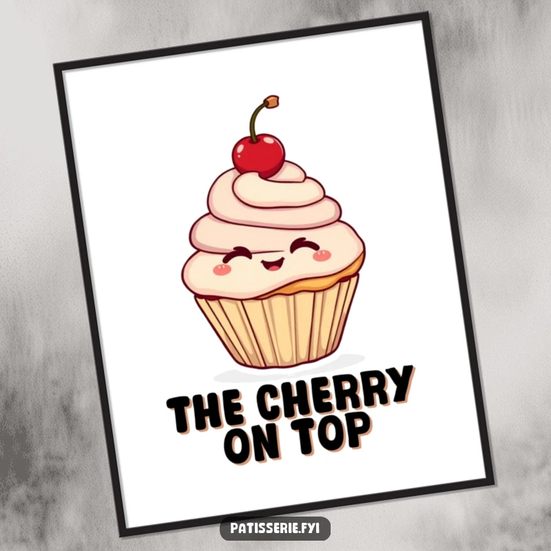 Funny digital art print of a cheerful cupcake character winking while holding a cherry aloft, offering instant sweet vibes.