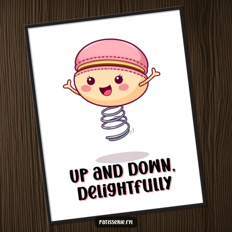 Funny macaron digital art print showing a happy cookie bouncing on a spring, delivering instant cheer and energy.