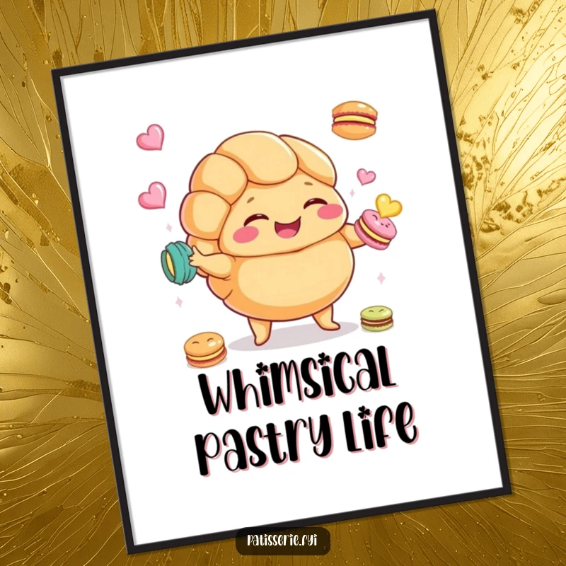 Funny Croissant Macaron Digital Art Print of a plump croissant giggling and juggling macarons, ready for instant download.