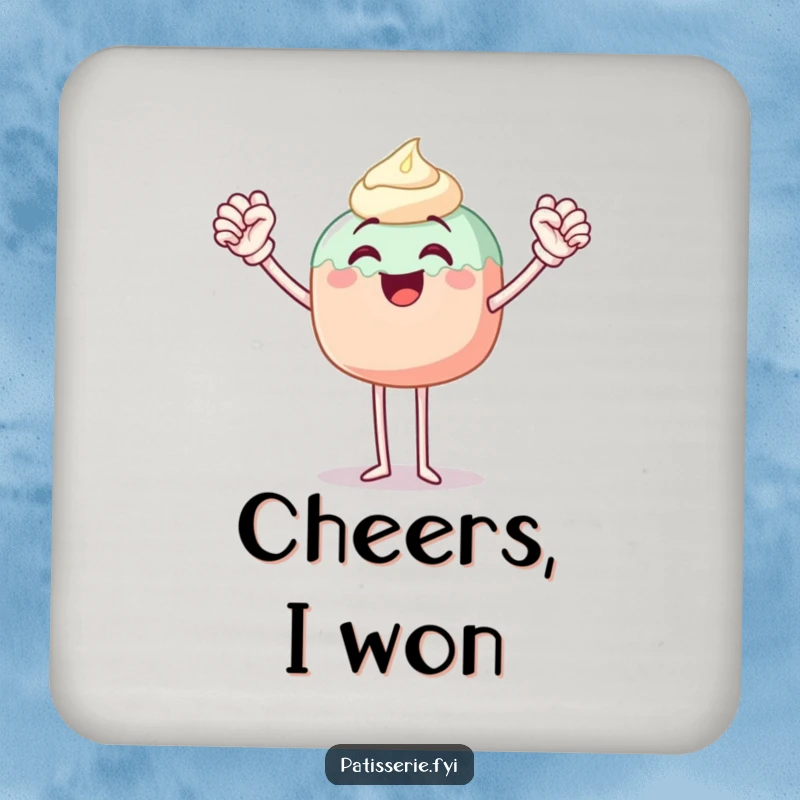 Funny drink coaster featuring a happy cake pop character with legs, striking a triumphant fist pump pose to celebrate.