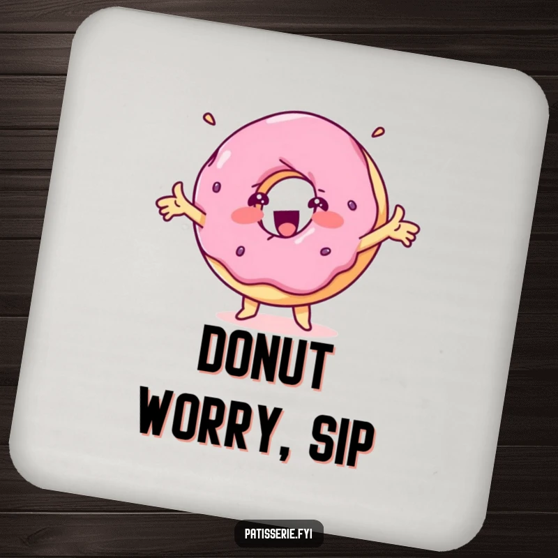 Funny delighted donut drink coaster with a spinning treat character with outstretched arms, adding charm.