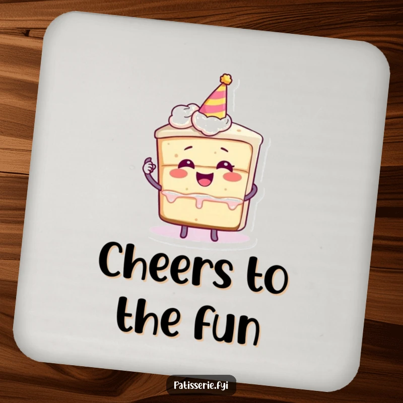 Funny drink coaster with a slice of cake character giggling, holding a miniature party hat, protecting surfaces with festive joy.