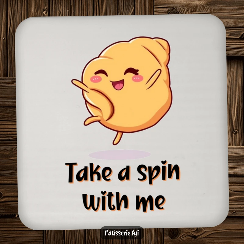 Funny croissant coaster depicting a winking pastry performing a cartwheel, ideal for protecting tables with humorous flair.