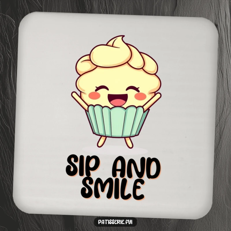 Funny cupcake drink coaster featuring a smiling cupcake with frosting hair joyfully leaping.