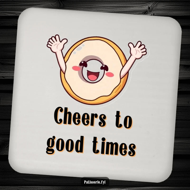 Funny drink coaster with a smiling donut character with arms outstretched, cheering enthusiastically, protecting surfaces with sweet joy.