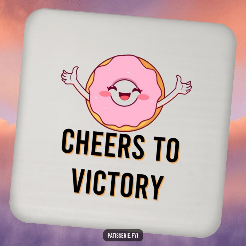 Funny Coaster: A joyful donut character striking a triumphant pose, adding a sweet symbol of victory to your beverage.