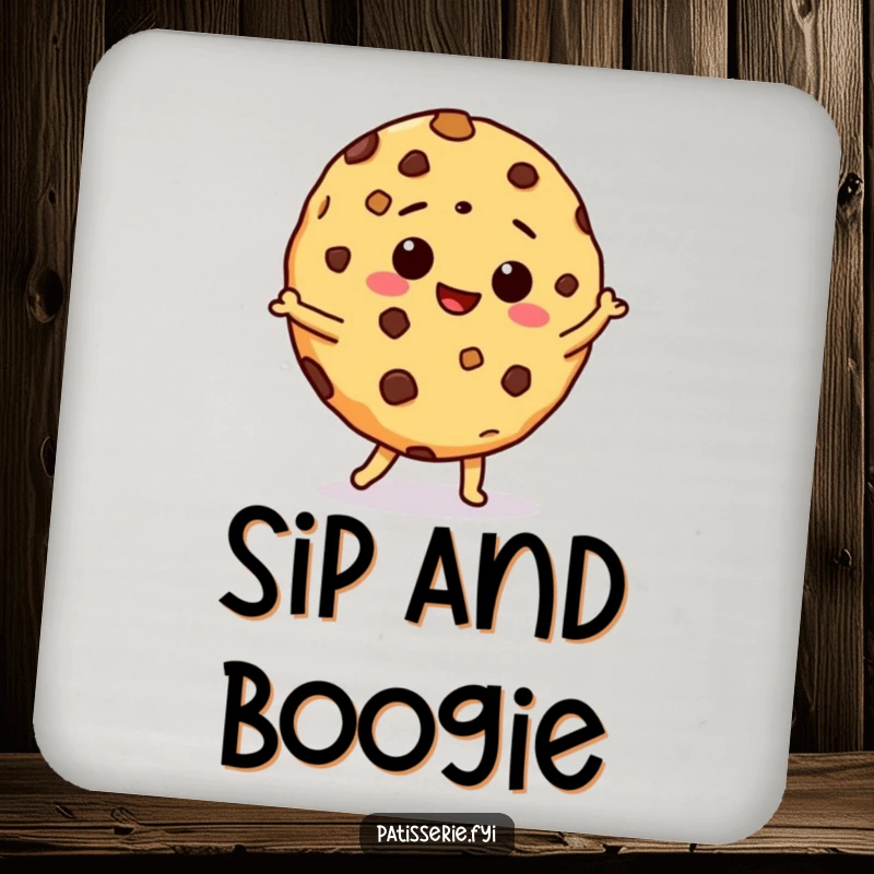 Funny drink coaster with a giddy chocolate chip cookie performing a silly dance, perfect for protecting furniture with humor.