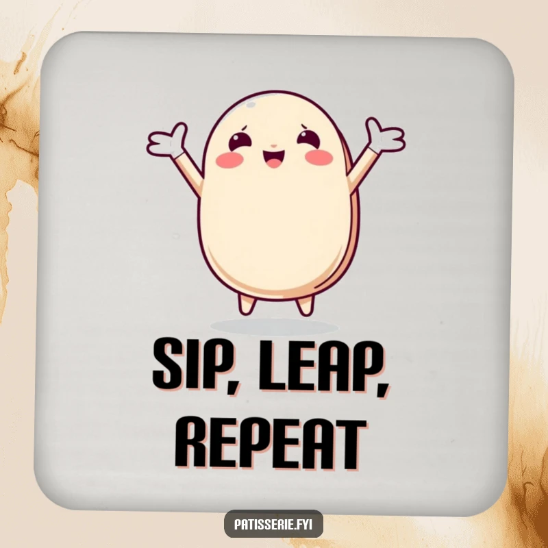 Funny Macaron Drink Coaster featuring a happy macaron character in a joyful leap, adding a touch of delight to any surface.